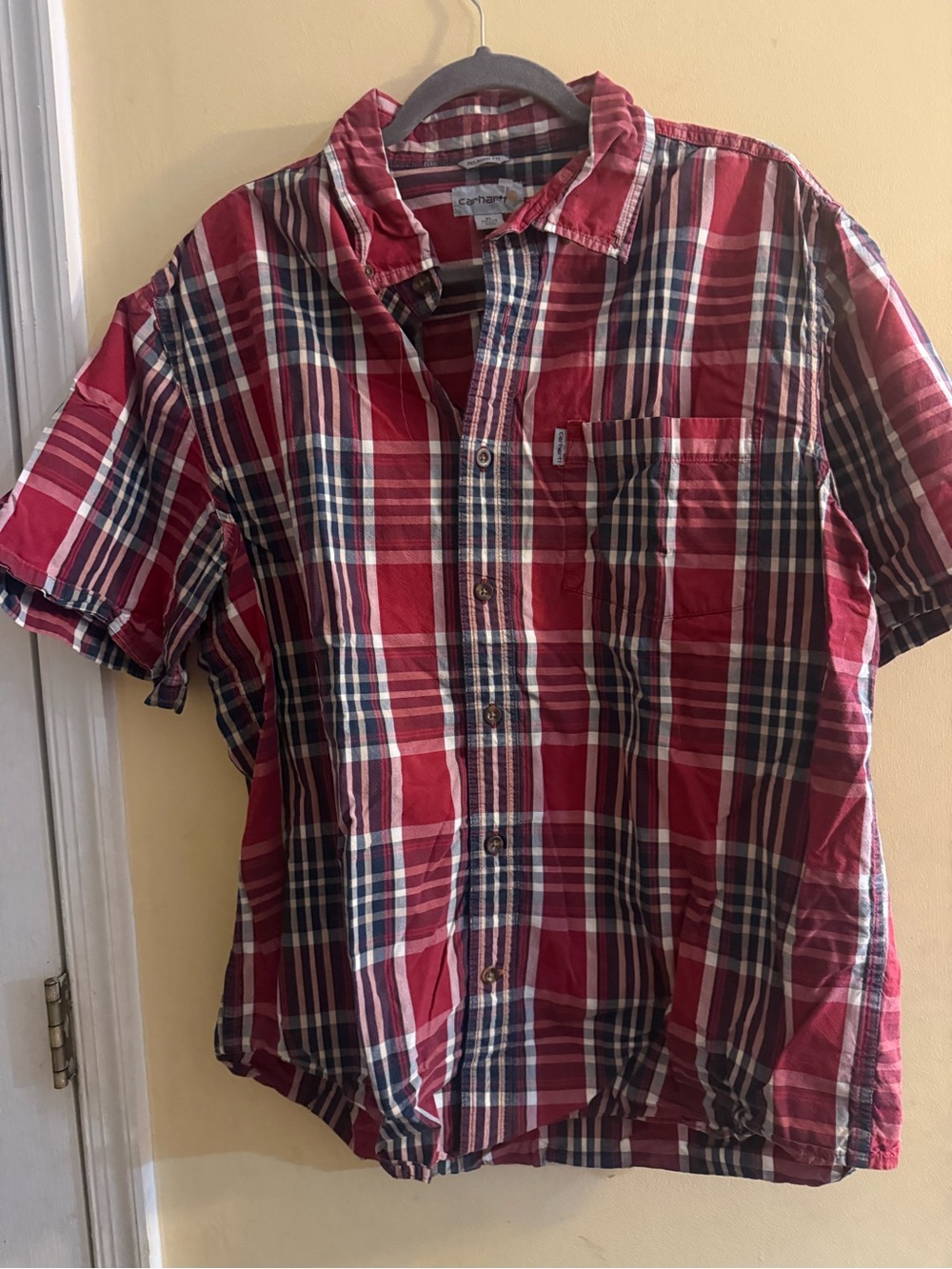 Carhartt Men's Red Plaid Short-Sleeve Button-Up Shirt, XL